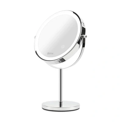 Abbildung von Girmi BE02 Schminkspiegel mit LED Licht, Lupe 1x/3 facher Vergrößerung, Beleuchtung in 3 Farben, wiederaufladbar Doppelspiegel, 360 drehbar und Touch Taste, Chrom