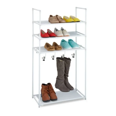Abbildung von Relaxdays Schuhregal mit Stiefelfach, 16 Paar Schuhe, Stecksystem 4 Ebenen, Stiefelklammern, Flur Schuhablage, weiß, 119 x 60 30 cm