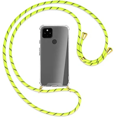 Abbildung von mtb more energy® Handykette kompatibel mit Google Pixel 4a 5G (6.2&#039;&#039;) Neon Gelb gestreift/Gold Smartphone Hülle zum Umhängen Anti Shock Full TPU Case