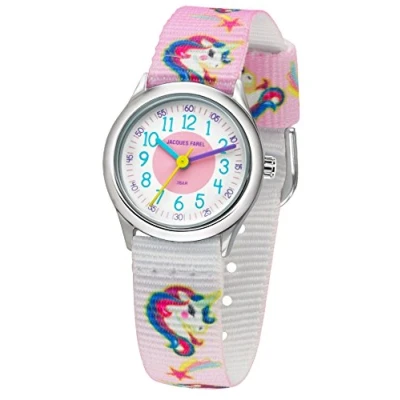 Abbildung von Kinderuhr Einhorn weiss rosa Armband Jacques Farel