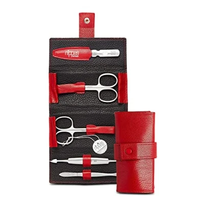 Abbildung von nippes Solingen Premium Line Maniküre Set Wild Red, 5 teilig, Edelstahl rost und nickelfrei, Nagelpflege Set, Echtes Rindsleder Etui, Pediküre, Made in Germany