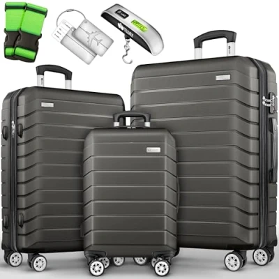 Abbildung von tillvex® Reisekoffer Set 3 TLG. + Gepäckwaage, 6X Koffergurte &amp; 3X Kofferanhänger Kofferset 4 Rollen Trolley Gepäck Koffer TSA Schloss Rollkoffer Hartschalenkofferset S M L XL (Grau/Anthrazit)