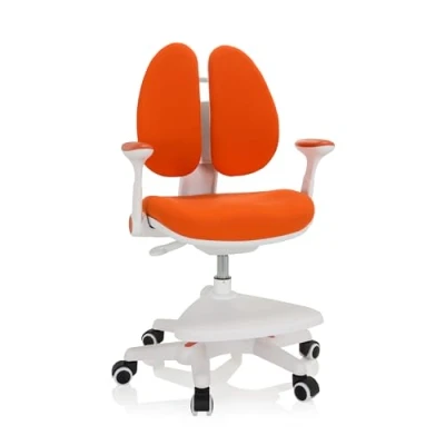 Abbildung von hjh OFFICE 736419 Kinder Schreibtischstuhl Kid Wing Stoff Kinderschreibtischstuhl mit Fußablage, Armlehnen klappbar, Orange/Weiß