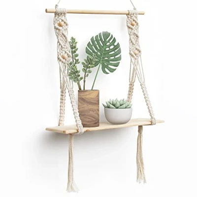 Abbildung von Afuly Wandregal Holz Regal Wand Boho Deko Hängeregal Makramee Wanddeko Balkon Badezimmer Wohnzimmer Handgewebte Schweberegal