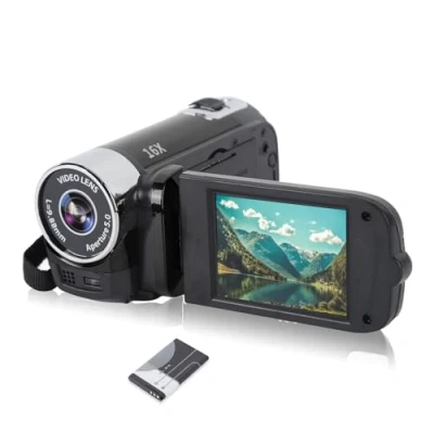 Abbildung von Videokamera für Vlogging, 1080P Full HD Camcorder, 16 MP facher Digitalzoom, Drehbarer 2,7 Zoll TFT Bildschirm, mit Fülllicht und USB Anschluss (Schwarz)