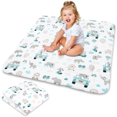 Abbildung von Krabbeldecke für baby Spieldecke 100x100 cm gepolstert krabbelteppich groß dicke faltbare Laufgittereinlage aus Baumwolle Afrika Salbeifarbe