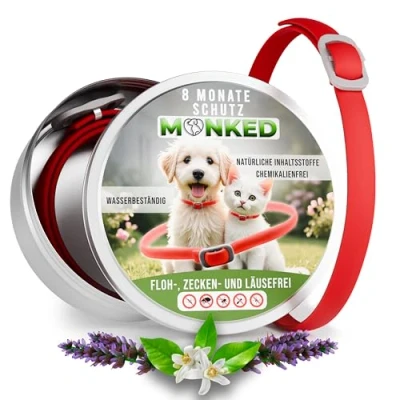Abbildung von Monked Natürliches Zeckenhalsband Hunde ohne Chemie bis 8 Monate Schutz Zeckenschutz Hund Halsband für Flohhalsband Anti Zecken (Rot, Universal)