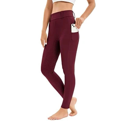 Abbildung von Reitleggings Damen Vollbesatz mit Handytasche, High Waist Reithose Mädchen Stretch Gürtelschlaufen Rot XXL