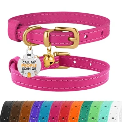 Abbildung von BRONZEDOG Katzenhalsband aus Leder mit Glöckchen, Nicht abreißbar, QR Tag für Mädchen und Jungen (Rosa Gold, 18 23 cm)
