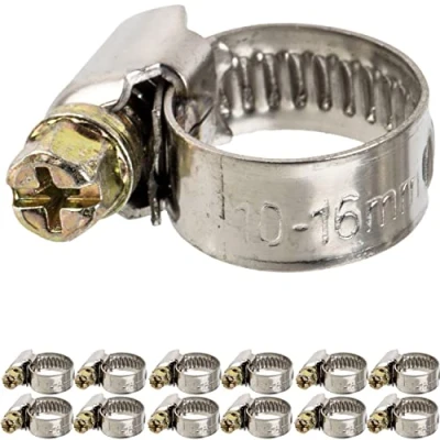 Abbildung von Schlauchschellen mit Schneckenantrieb, 12 Stück, Spannbereich Ø 10 16 mm, für 1/2&quot; Schläuche, W2 Stahl, Kreuzschlitz SW 7, 9 mm Bandbreite, zur Fixierung von Waschmaschinen, Spülmaschinen Anschluss