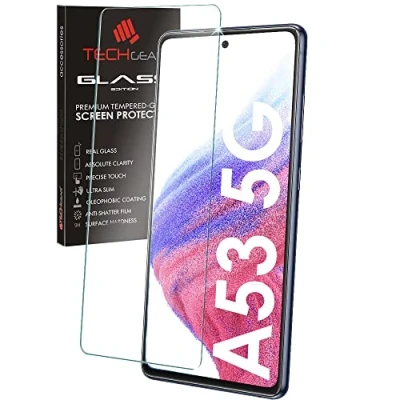 Abbildung von TECHGEAR Glas Schutzfolie kompatibel mit Samsung Galaxy A53 5G, Displayschutz folie aus gehärtetem (2.5D Runde Kante) [9H Härte] [Crystal Clarity] [Kratzfest] [No Bubbles]