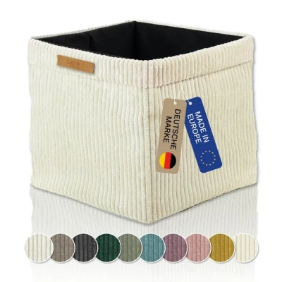 Abbildung von Lycce Kallax Box aus trendigem Cordstoff Aufbewahrungskorb für Regal Faltbox 33 x H31 cm mit abnehmbarem Bezug Boden Vlies Überzug Aufbewahrungswürfel vanille