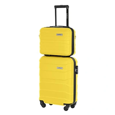 Abbildung von BARRENS Kabinenkoffer + Reisekosmetikkoffer Set Handgepäck 55x40x20cm 34l Kosmetiktasche 31x35x18cm 17l Strapazierfähiger ABS Material Gelb