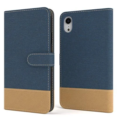 Abbildung von EAZY CASE Tasche kompatibel mit iPhone XR Stoff Schutzhülle Standfunktion Klapphülle im Bookstyle, Handytasche Handyhülle Flip Cover Magnetverschluss und Kartenfach, Kunstleder, Dunkel Blau