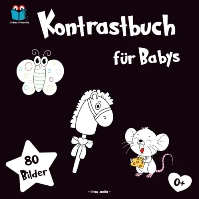 Abbildung von Kontrastbuch für Babys: Erste Bilder Babyaugen in Schwarz weiß und mit Farbakzenten zur visuellen Stimulation &amp; Entwicklung der Wahrnehmung von Neugeborenen.