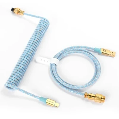 Abbildung von MAMBASNAKE C03 Coiled USB C Kabel für Gaming Tastatur, Starlight Geflochtenes Tastaturkabel, Typ bis A, Braided Cable C, Spiral Tastaturkabel 24K Gold Luftfahrtanschluss Hellblau