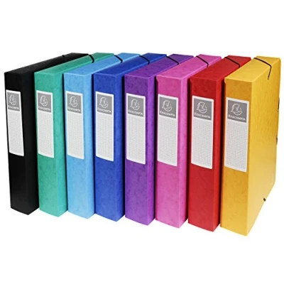 Abbildung von Exacompta 50600E 8er Pack Premium Sammelboxen aufgebaut mit Gummizug 60 mm breit aus extra starkem Colorspan Karton Rückenschild für DIN A4 Archivbox Heftbox Dokumentenbox farbig sortiert