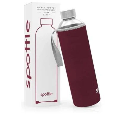 Abbildung von spottle Trinkflasche aus Glas 1l Glasflasche 500ml 750ml 1 liter mit Neoprenhülle Schutzhülle Glastrinkflasche Schraubverschluss (Berry, 1000 ml)