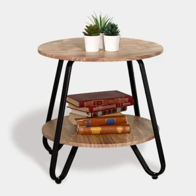 Abbildung von MEUBLE COSY Beistelltische Couchtisch Rund Nachttisch Wohnzimmertisch Sofatisch mit Ablageboden für Wohnzimmer Schlafzimmer, Industrie Design, Metallgestell, Eiche, Holz, 46x46x45cm