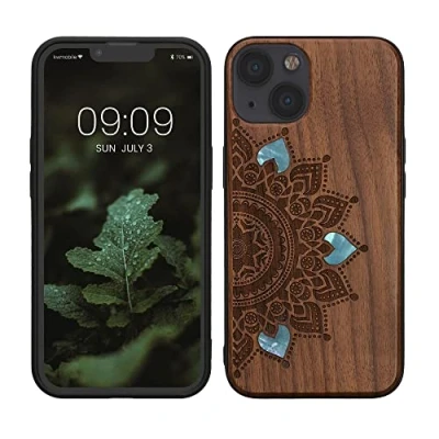 Abbildung von kwmobile Hülle kompatibel mit Apple iPhone 13 Holz Case Handy Cover TPU Handyhülle in Dunkelbraun Aufgehende Sonne Perlmutt