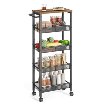 Abbildung von VASAGLE Rollwagen 5 Ebenen, Küchenwagen schmal, Nischenregal auf Rollen, Stahl, Griff, für kleine Räume, 22 x 45,4 99,6 cm, Küche, Bad, Wohnzimmer, Arbeitszimmer, vintagebraun schwarz LRC035B01