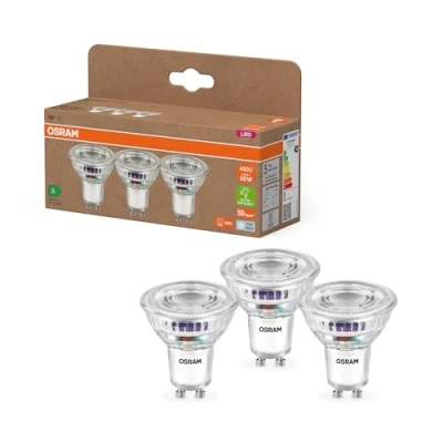 Abbildung von OSRAM Energy Class LED Reflektor Lampe PAR16 mit 2.5 W, 450 lm, kaltweiß (4000 K) aus bleifreiem Glas GU10 Sockel in der Energieeffizienzklasse A, 50 mm Durchmesser, IP20.
