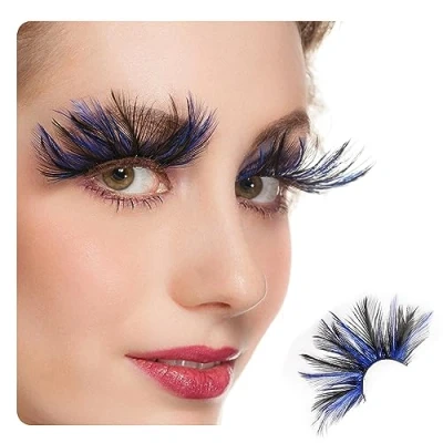 Abbildung von Dorisue Halloween Wimpern Doppellippe Schwarz mit Blau Große Extra Lange Feder und Dicke Übertriebene Falsche Verlängerung für Frauen Mädchen Cosplay Fancy Ball (Blau)