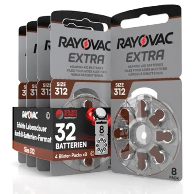 Abbildung von 32 Hörgerätebatterien Rayovac Extra Size 312. 4 Blister mit 8 Batterien