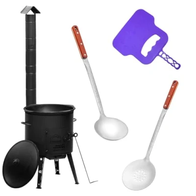 Abbildung von 4BIG.fun Feuerstelle Ø49 Uchag Utschak mit Abzugsrohr 22L Kazan Eben, (2mm stahl Utschag Uchak Kasan Учаг Казан Außenküche Eintopfofen), Grillfächer Schaumkelle Suppenkelle