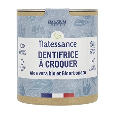 Abbildung von Natessance Zahnpasta zum Kauen, Feststoffe, Bio Aloe Vera und Bicarbonat, zertifiziert Cosmos Organic Karton 100% recycelbar, 80 Tabletten