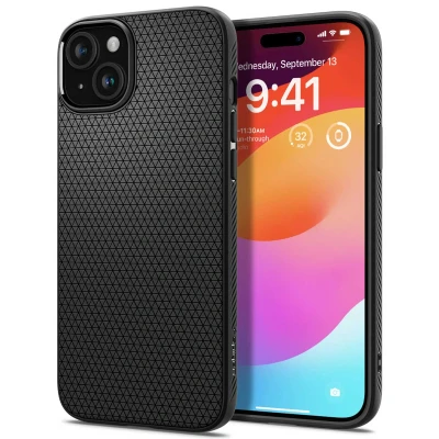 Abbildung von Apple iPhone 15 Hülle Silikon Spigen Soft Case/Backcover Handyhülle Schwarz Shockproof/Stoßfest