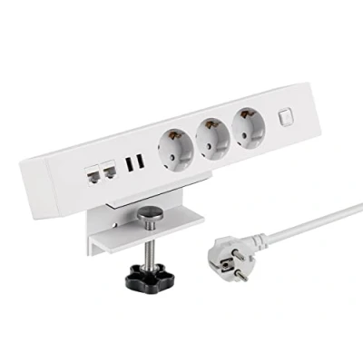 Abbildung von maxtrack Tischsteckdose NV62L 3 Fach Schutzkontakt mit 2X USB und LAN Anschluss, Mehrfachsteckdose für Zuhause Tischbefestigung, Knopf zum EIN Ausschalten, Steckdosenleiste 1,8m Kabel