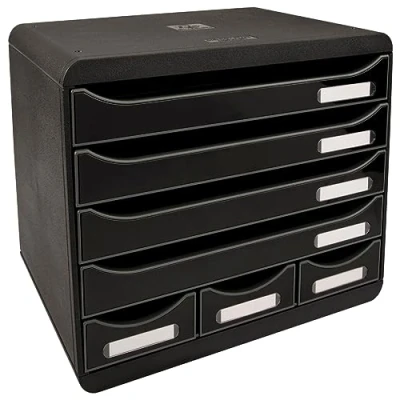 Abbildung von Exacompta 307714D Ablagebox Glossy Querformat mit 7 Schubladen für DIN A+ Dokumente. Belastbare Schubladenbox hoher Kapazität mehr Platz auf dem Schreibtisch Store Box Blauer Engel Schwarz
