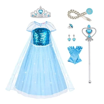 Abbildung von URAQT ELSA Kostüm Kinder, Prinzessin Kleid Mädchen, 10 teiliges Set Kinder mit Krone Handschuhe Zauberstab usw für Halloween Weihnachten Verkleidung Karneval(130)