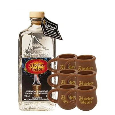 Abbildung von Fischergeist Kräuterlikör 0,5 Liter + 6 Keramikkrüge