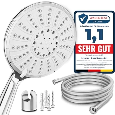 Abbildung von Lyvanas TESTSIEGER Duschkopf mit Schlauch und Halterung Brausekopf für Dusche &amp; Badewanne in extra gross (Ø15cm) Wellness Regendusche 5 Strahlarten (Premium Set 2025)