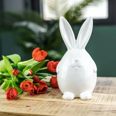 Abbildung von Keramik Osterdeko Häschen in Ei Form 13 x 26cm weiß Dekofigur Oster Dekoration Tisch Deko Osterhase