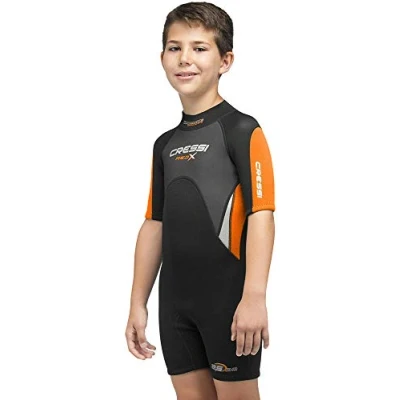 Abbildung von Cressi Unisex Youth Med X Jr Wetsuit 2.5 mm Shorty Neoprenanzug Ideal zum Schnorcheln und Tauchen in gemäßigten Gewässern, Kinder, Schwarz/Orange/Hellgrau, XL (Jahre 14/15)