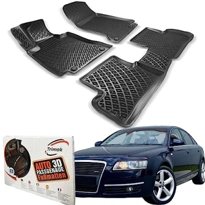 Abbildung von Trimak Passgenau 3D Fussmatten Auto Kompatibel mit Audi A6 C6 2004 2011 Zubehör 1. und 2. Reihe Gummimatten Autos TPE Allwetter Geruchlos rutschfest Vorne Hinten Schwartz