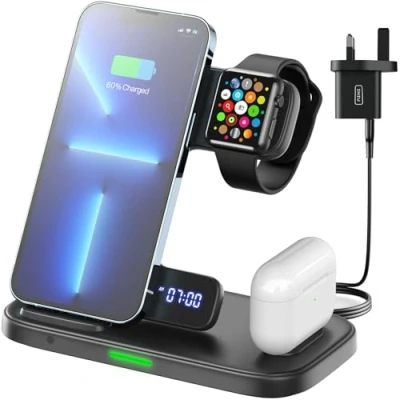 Abbildung von INIU 3 in 1 Kabelloses Ladegerät, 15W AirFuel Ladestation für Phone, iWatch 9 8, AirPods 4 Pro mit 25W USB C Adapter, Schnellladefunktion und adaptiver Anzeige