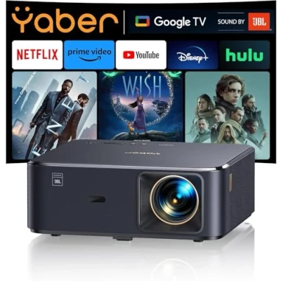 Abbildung von Beamer 4K mit Android TV 12.0, Sound by JBL, Dolby Audio, NFC, Autofokus, Auto Trapezkorrektur, WiFi6, Bluetooth, YABER K2s 800 ANSI 1080P Full HD Heimkino Outdoor 300&quot; Display Video Projektor
