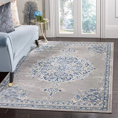 Abbildung von SAFAVIEH Traditionell Teppich für Wohnzimmer, Esszimmer, Schlafzimmer Brentwood Collection, Kurzer Flor, Hellgrau und Blau, 160 X 229 cm