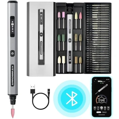 Abbildung von Elektrischer Mini Gravierstift von ARROWMAX, HollowCup Motor, 42 Bits mit Aluminiumgehäuse, OLED, magnetische Ladung, Rotationswerkzeug, für Metall, Holz, Glas, Kunststoff (SGS PRO)