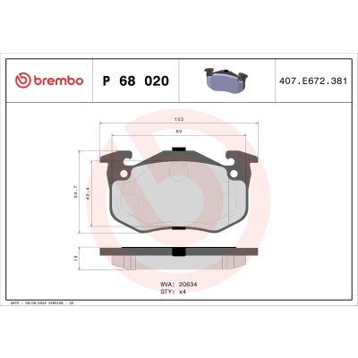 Abbildung von BREMBO P 68 020 Bremsbelagsatz exkl. Verschleißwarnkontakt ohne Zubehör RENAULT: TWINGO 1, 1 Kasten, PEUGEOT: 205 I Schrägheck