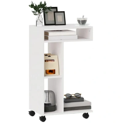 Abbildung von HOMCOM Beistelltisch Couchtisch mit Rollen, Schreibtisch 4 Regalen, Sofatisch Laptoptisch, Betttisch, für Esszimmer Wohnzimmer, Weiß