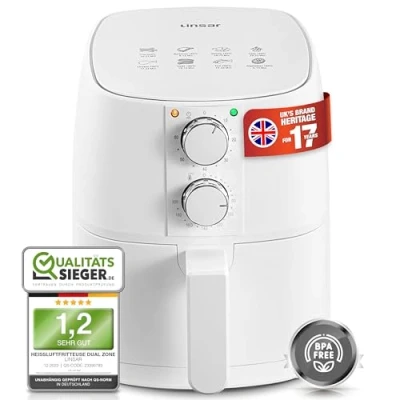 Abbildung von Linsar Heißluftfritteuse weiß 4L Temperaturregler, Timer, Kontrollleuchte , 1400,00 W, einfache manuelle Bedienung über 2 Drehregler