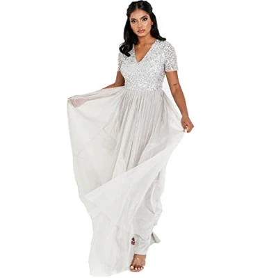 Abbildung von Maya Deluxe Women&#039;s Damen Ballkleid Abendkleid V Ausschnitt Maxi Länge Pailletten Kurze Ärmel für Hochzeit Geburtstag Brautjungfer Bridesmaid Dress, Soft Grey, 48 EU