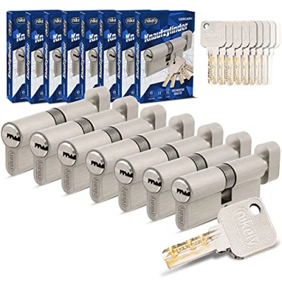 Abbildung von GERCAR Pro Gleichschließend 7 Knaufzylinder 30/30 Set 7x Schließzylinder mit Knauf inkl. 35 Schlüssel 60 mm Türschloss Zylinderschloss 7er Zylinder Länge: 60mm, A:30 B:30 Messing matt massiv
