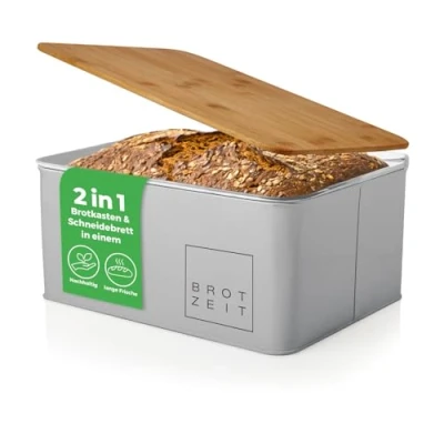 Abbildung von Lumaland Brotkasten Cuisine Brotkasten, Bambus/Holz, Brotdose aus Metall mit Bambus Deckel