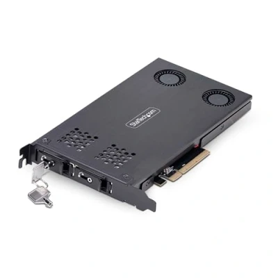 Abbildung von StarTech.com Dual Bay M.2 NVMe SSD to PCIe x8 Removable Mobile Rack Bifurcation Required Tool less Installation, Backplane w/Two Hot Swap Drive Bays, Backplane, Black, M.2, 2 fan(s), 128 Gbit/s